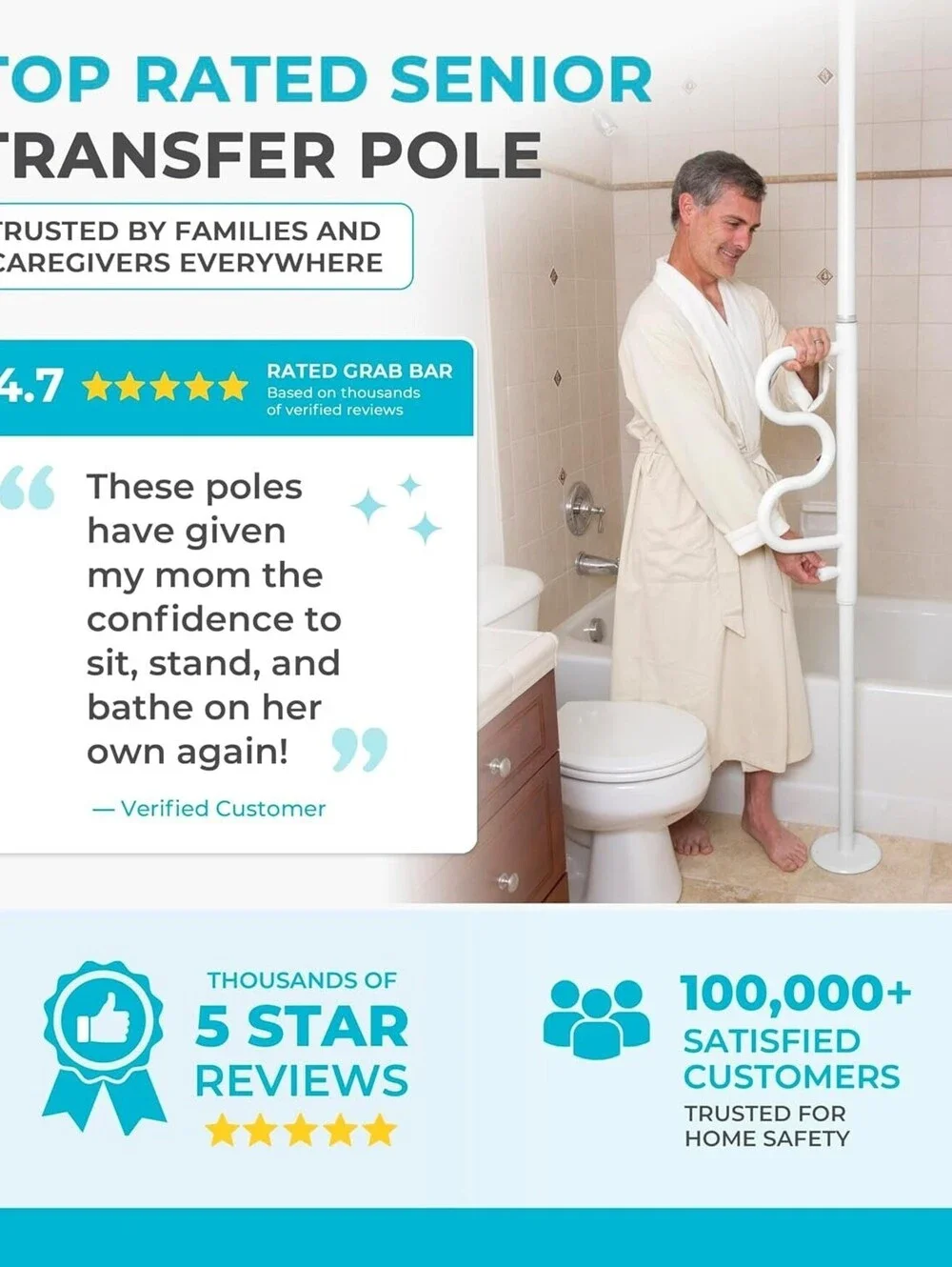 Stander Wonder Pole Plus with Rotating Double Grab Bar, White